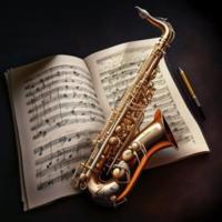 Ein Saxophon auf einem Notenheft