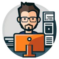 Die Zeichnung eines Informatikers, der am PC sitzt