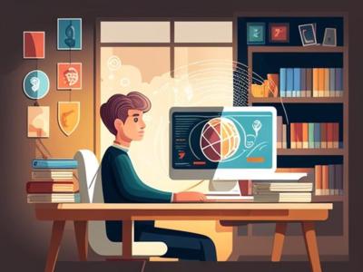 Cartoon Stil. Eine Person sitzt in einem persönlichem Raum vor einem PC und lernt. Im Hintergrund ist ein Fenster nud ein Bücherregal