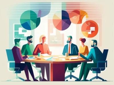 Ein runder Tisch, an dem 6 stilisierte Personen sitzen und über Papiere diskutieren. Angedeutete Formen von Präsentationen und Tabellen.