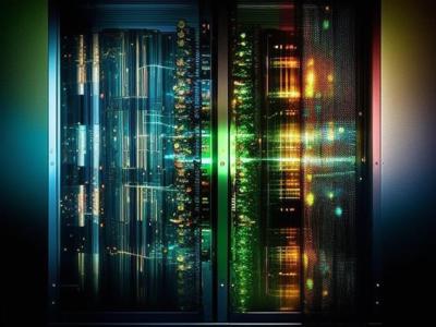 Ein Serverschrank mit vielen blinkenden, bunten Lichtern