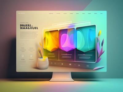 Ein moderner Bildschirm, der eine angedeutete Webseite mit schwebenden, farbigen Elementen zeigt